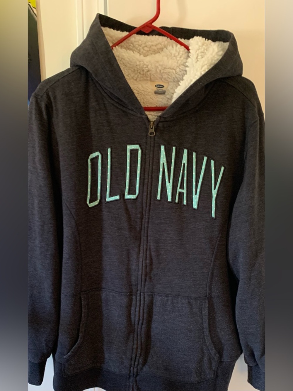 Old Navy Navy Zip-Up Hoodie with Mint Lettering and sherpa lining